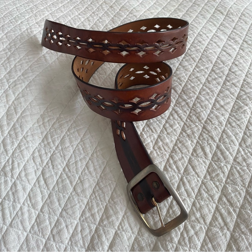 Western Brown Leather Belt Perforated Cutouts Silver Buckle Festival Boho Hippie